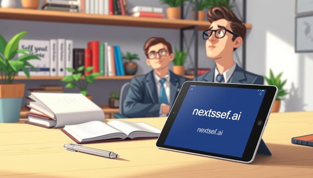 A serene workspace showcasing various self-assessment tools on a clean wooden desk, reflecting the theme of self-awareness in daily life. The foreground features a sleek tablet displaying an interactive self-assessment app named "nextself.ai," alongside a thoughtfully arranged journal and a pen. In the middle ground, a relaxed individual in professional business attire contemplates their future, with soft light illuminating their face, conveying focus and clarity. The background displays a shelf filled with motivational books and plants, adding a calming, vibrant atmosphere. Use gentle, natural lighting to enhance the peaceful mood, with a slight depth of field to keep the focus on the self-assessment tools, fostering an inviting environment conducive to introspection and growth.